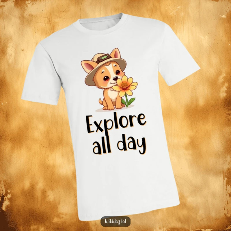 Funny explorer dog t-shirt, a dog wearing a tiny hat, sniffing a giant flower, embodying curiosity and outdoor fun.