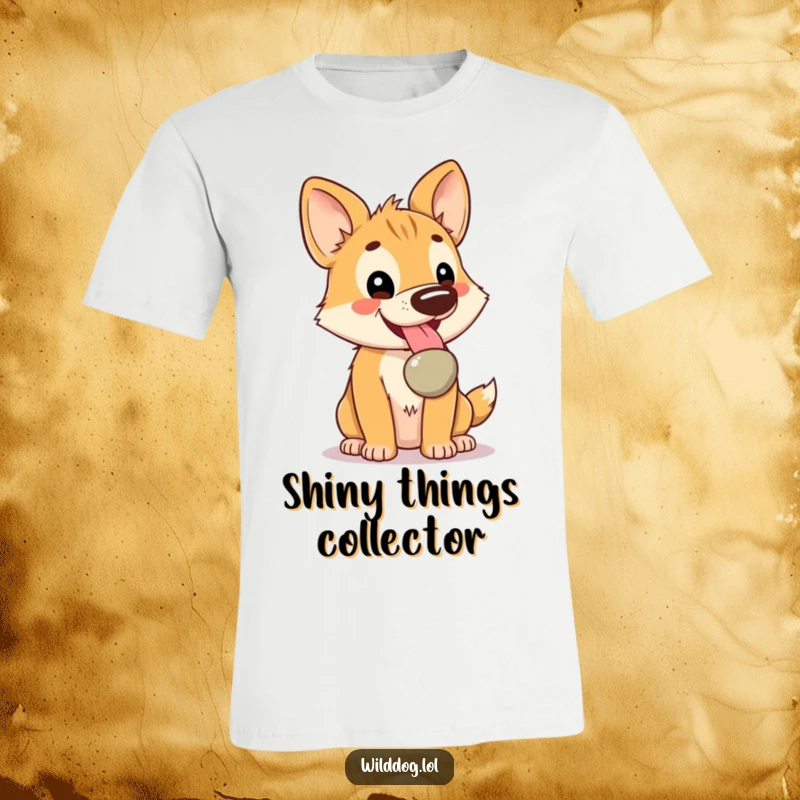 Funny Kawaii Wild Dog T-Shirt: Cute dog panting happily with a shiny pebble, showcasing its joyful and funny nature as a gift.