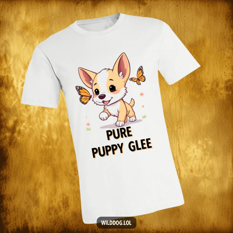 Funny t-shirt depicting an energetic wild dog puppy with upright ears, enthusiastically pursuing a fluttering butterfly.