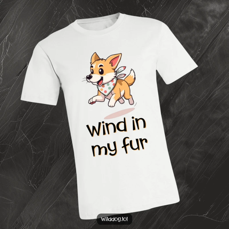 Funny wild dog in a bandana, running dynamically with wind, on a t-shirt, conveying speed and freedom.