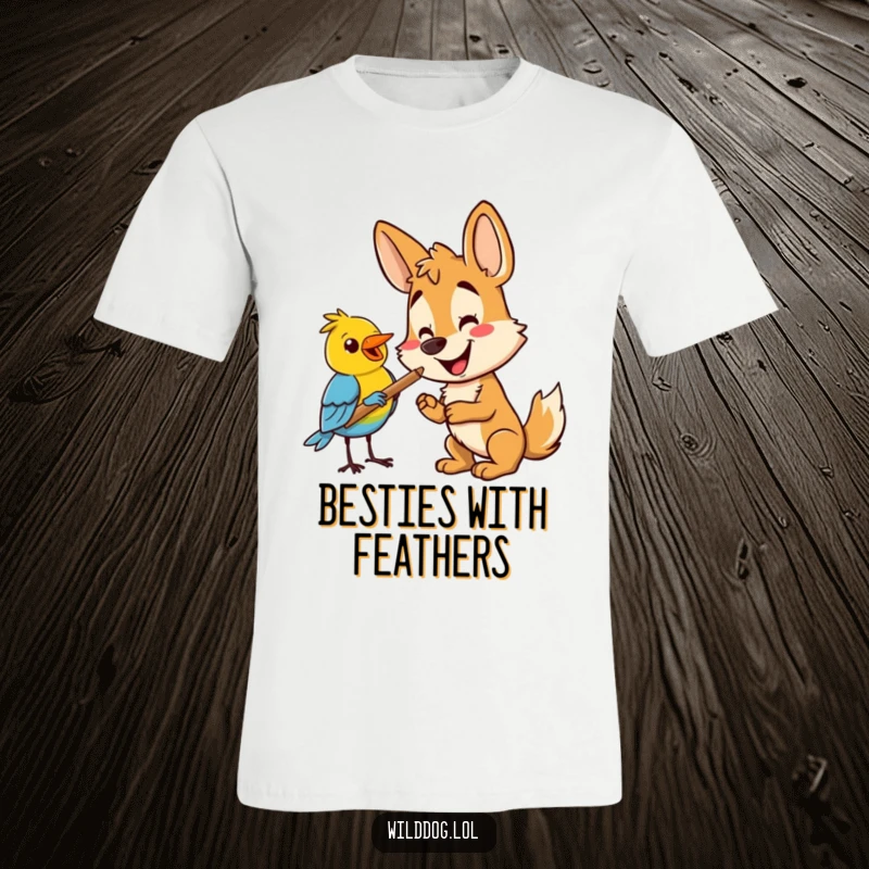 Funny wild dog offering a stick to a bird, showcasing a heartwarming and funny animal friendship. Perfect funny gift tee.