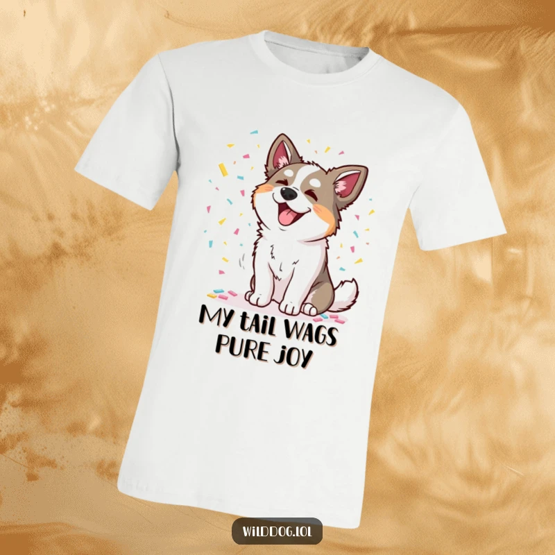 Funny t-shirt featuring a wild dog joyfully scattering colorful confetti, a festive and humorous apparel item.