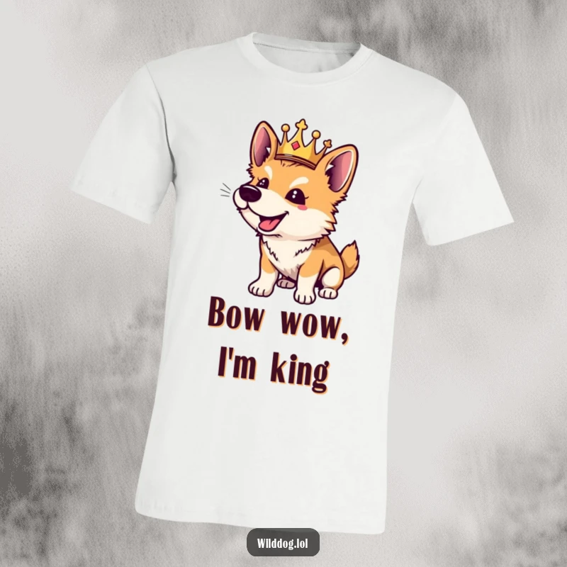Funny wild dog t-shirt graphic of a happy dog wearing a tiny crown, barking playfully and joyfully.