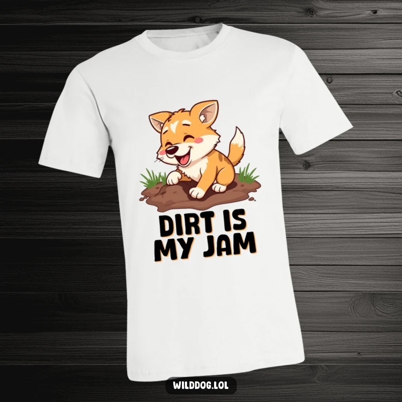 Funny t-shirt of a wild dog energetically digging a hole with a huge smile, conveying pure unadulterated canine excitement and a love for dirt.