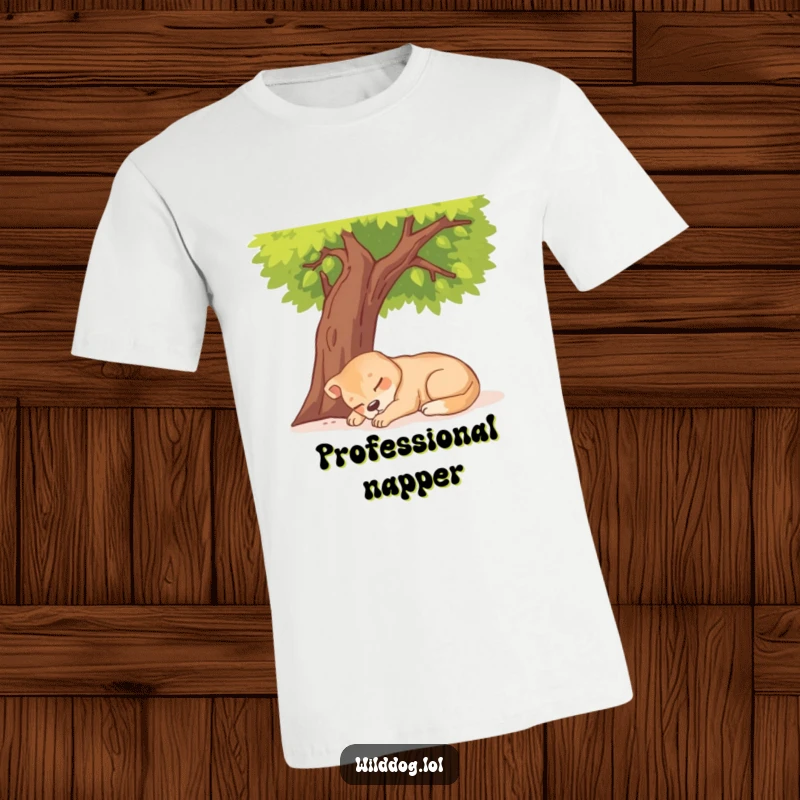 Funny Wild Dog Napping T-Shirt depicting a relaxed dog sleeping soundly under a sunny tree.