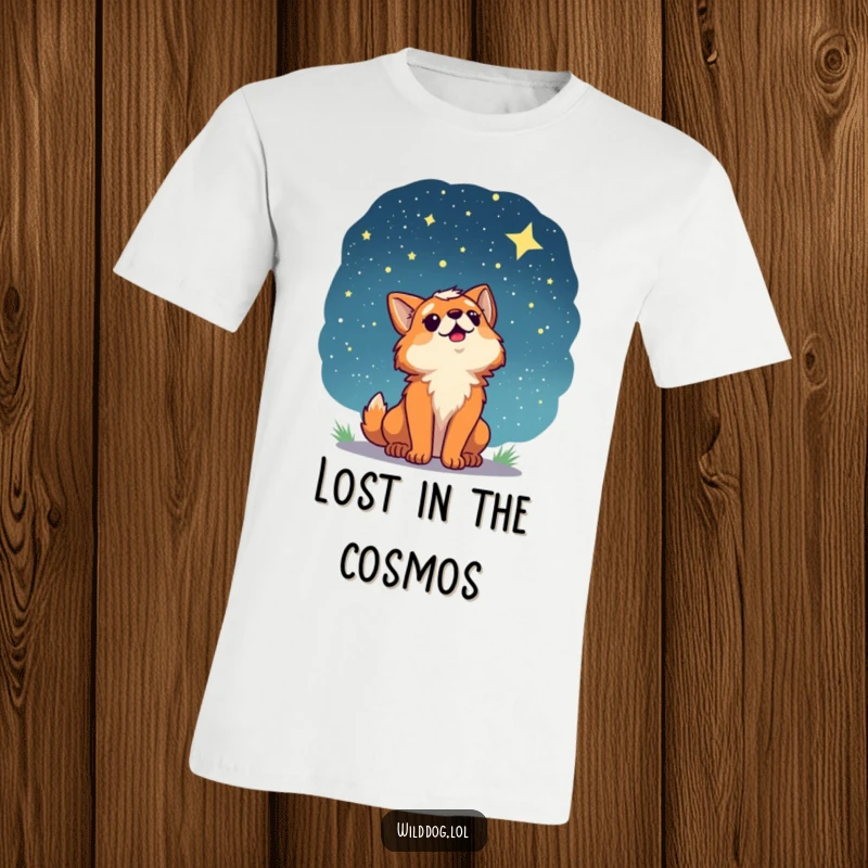 Funny t-shirt depicting a wild dog character marveling at a sky full of stars, conveying a sense of wonder and cosmic curiosity.