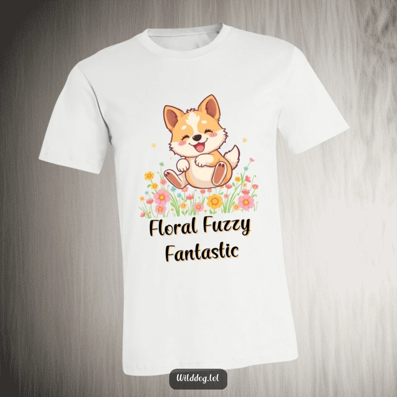Funny t-shirt featuring a wild dog blissfully rolling in a vibrant flower field, radiating pure joy and playful abandon.