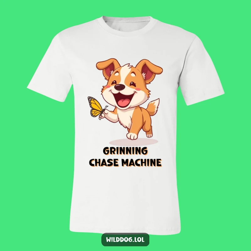 Funny Wild Dog T-Shirt: Huge Grin Pup Chasing Butterflies, Ultimate Playful Gift!