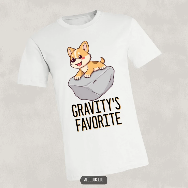 Funny t-shirt showing a wild dog joyfully sliding down a smooth, water-worn rock.