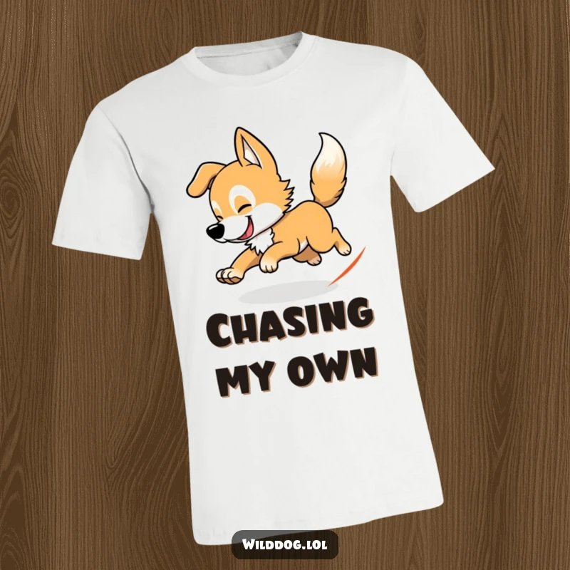 Funny wild dog t-shirt depicting a happy dog spinning in circles while chasing its tail, a humorous representation of pure joy.