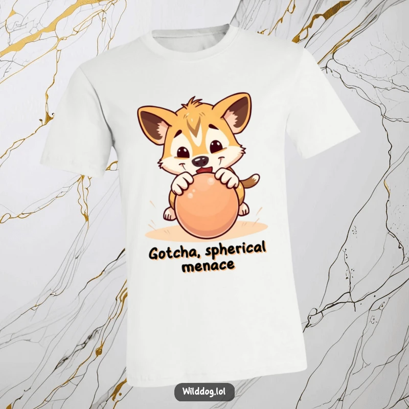 Funny t-shirt depicting a wild dog puppy in mid-pounce, energetically attacking a rolling ball.