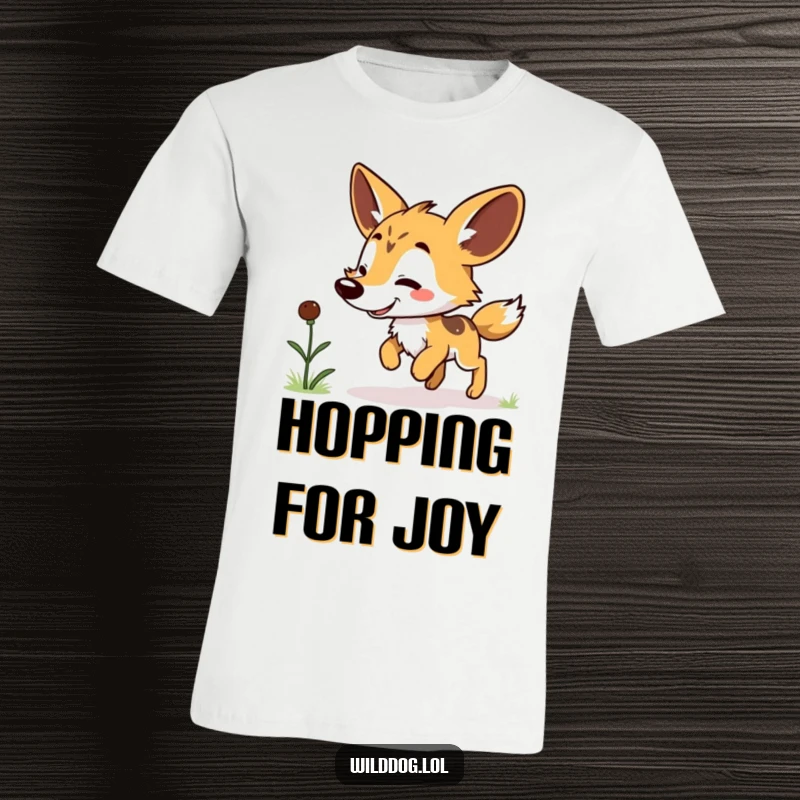 Funny Kawaii Wild Dog T-Shirt: Cute dog doing a little hop for a grub, showcasing its excited and funny nature as a gift.