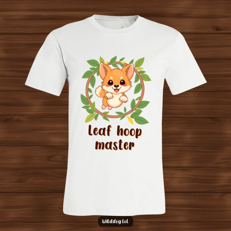 Funny wild dog t-shirt featuring a playful dog leaping gracefully through a hoop made of leaves, symbolizing agility and outdoor fun.