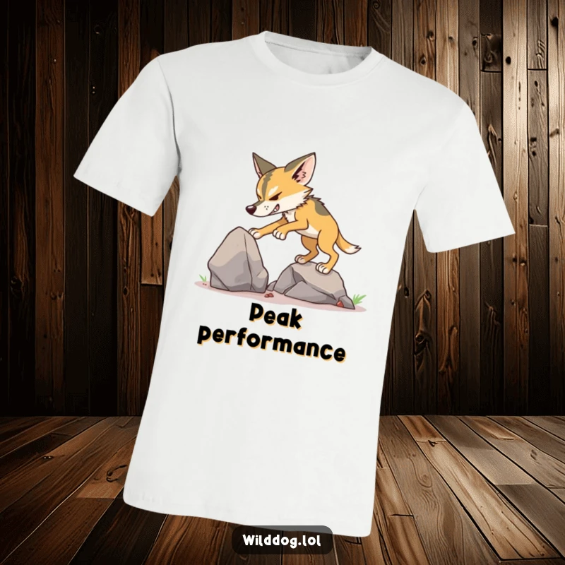Funny Wild Dog Climbing T-Shirt depicting a dog with focus, trying to ascend a small rock.