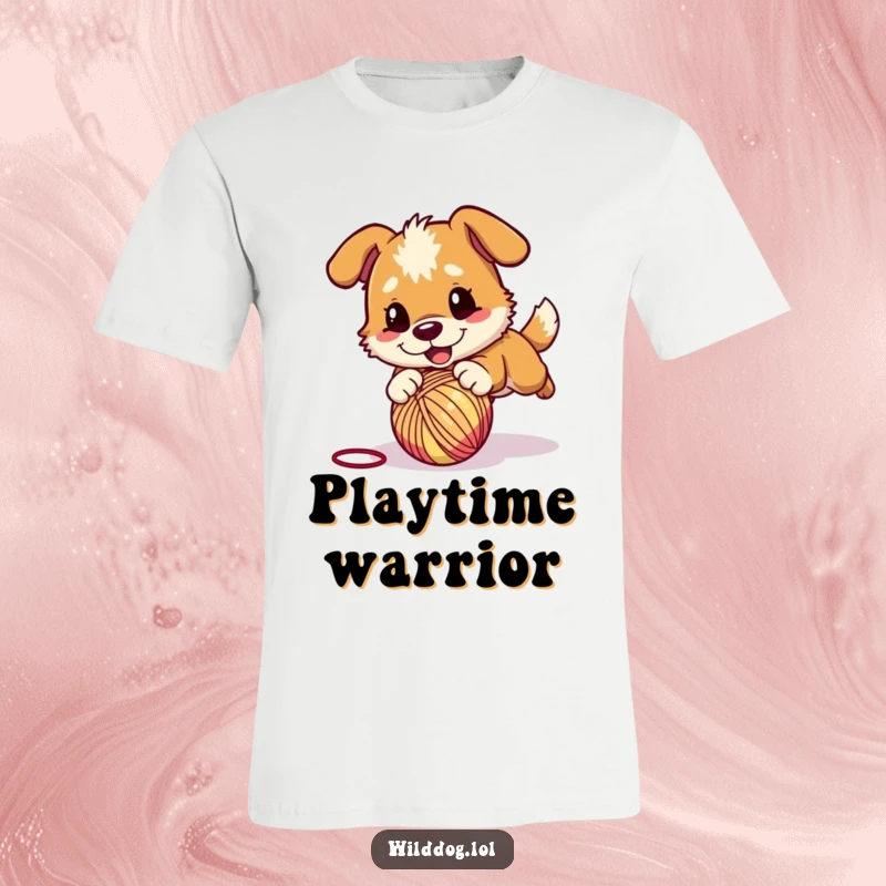 Funny t-shirt depicting a wild dog character playfully pouncing with excitement onto a bouncing ball of yarn, full of action.