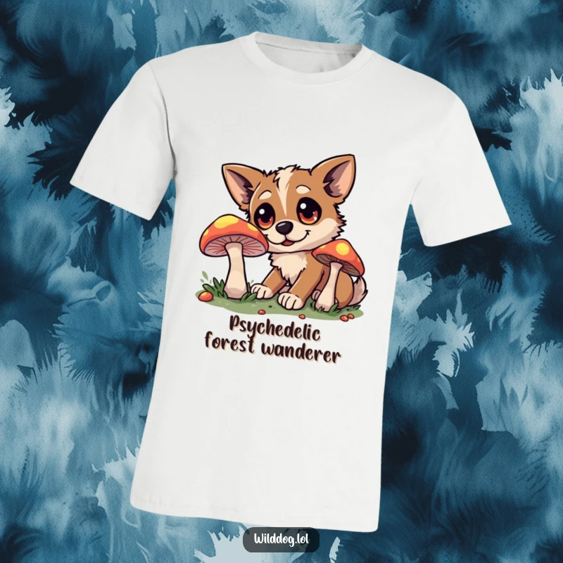 Funny t-shirt depicting a wide-eyed wild dog curiously sniffing a vibrant, glowing mushroom in a forest setting.
