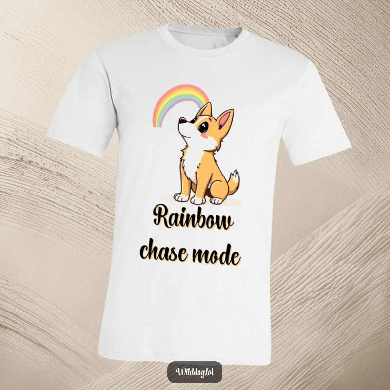 Funny wild dog with a wagging tail looking up at a rainbow, expressing pure happiness. Perfect funny gift tee.