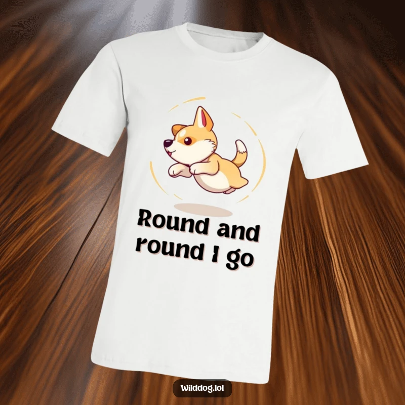 Funny t-shirt illustrating a wild dog spinning in dizzy circles while hilariously attempting to catch its own tail.