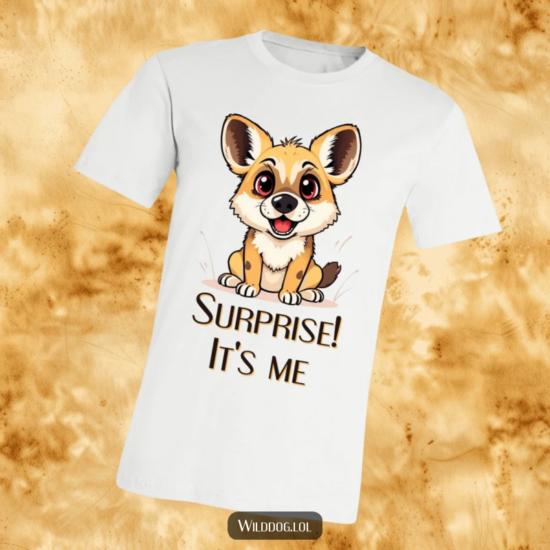 Funny t-shirt design of a wild dog with exaggeratedly wide eyes and an open mouth, capturing a hilarious instant of playful surprise.