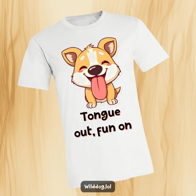 Funny t-shirt showcasing a panting wild dog character with a comically huge, happy tongue lolling out, capturing a moment of pure doggy delight.