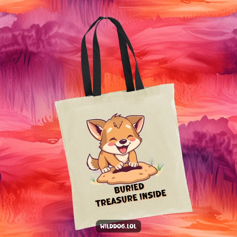 Funny Tote Bag: Wild dog digging with extreme enthusiasm, a humorous and spacious bag for carrying essentials.