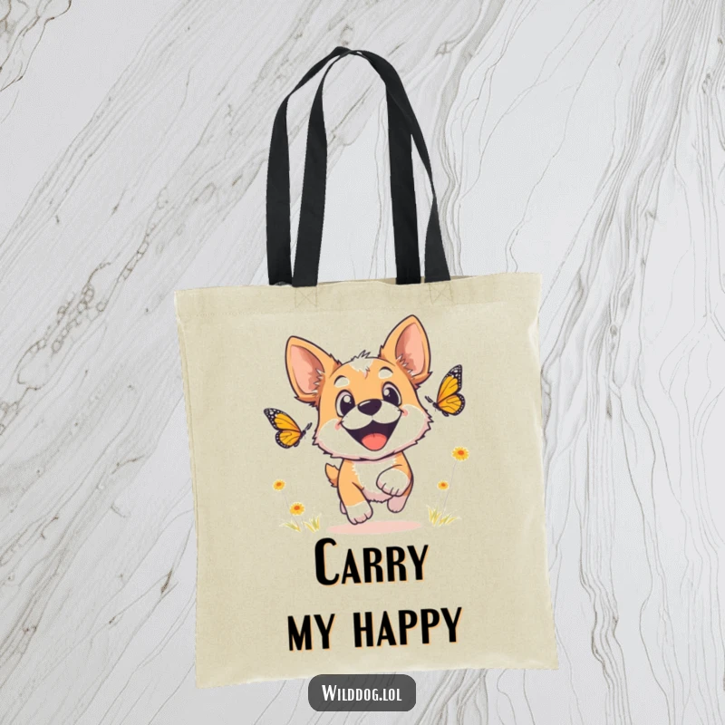 Funny wild dog tote bag illustration of a dog with wide, joyful eyes chasing a fluttering butterfly.