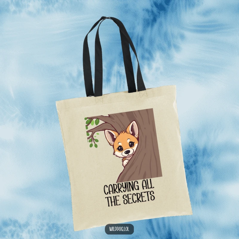 Funny wild dog peeking around a tree, with big curious eyes, printed on a durable tote bag for shoppers.