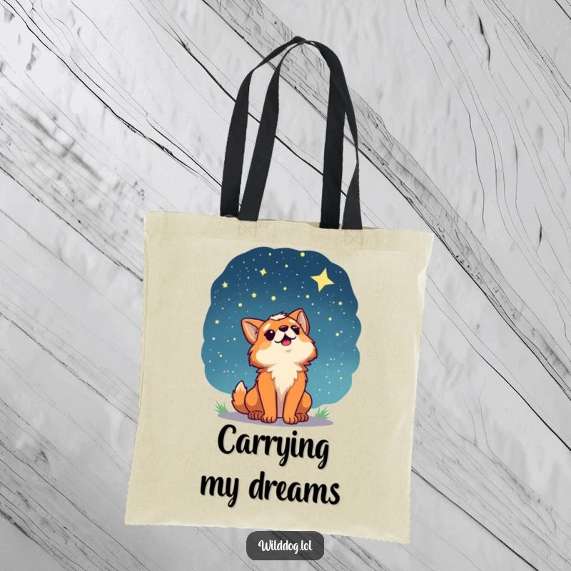 Funny tote bag with a wild dog character looking up at a starry night sky, carrying a sense of wonder and cosmic beauty.