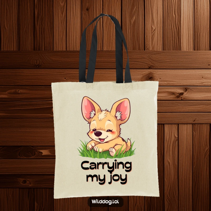 Funny tote bag illustrating a happy wild dog with oversized ears playfully rolling in green grass.