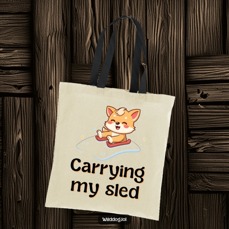 Funny wild dog sliding down a snowy hill, depicted on a tote bag for carrying winter gear with humor. Funny gift tote.