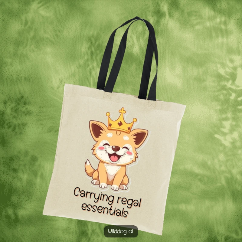 Funny tote bag showcasing a wild dog wearing a crown and barking playfully, perfect for carrying essentials with royal flair.