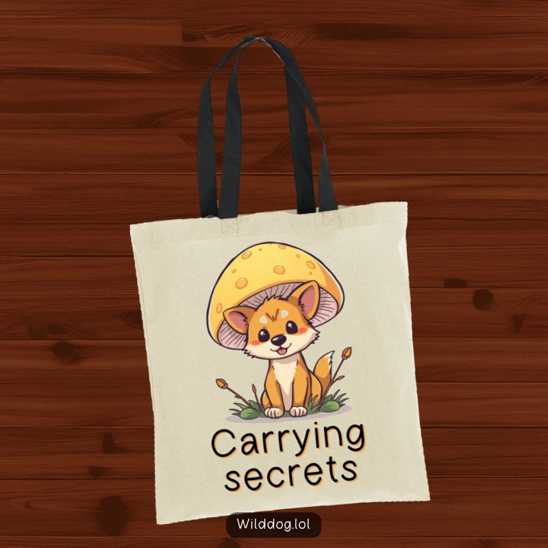 Funny Wild Dog Mushroom Tote Bag featuring a dog peeking slyly from behind a large, colorful mushroom.