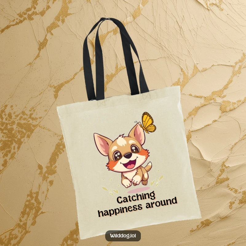 Funny tote bag showcasing a wild dog with joyful eyes chasing a butterfly, perfect for carrying items with a sense of playful freedom.