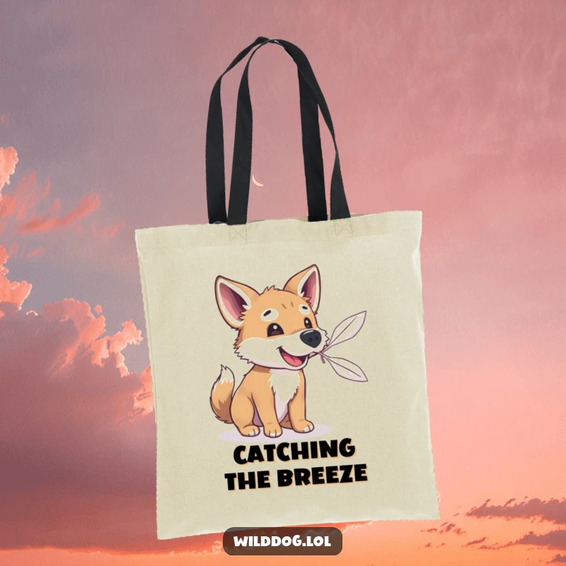 Funny wild dog reaching with its snout for a floating feather, stylish tote bag for carrying essentials with a humorous flair.