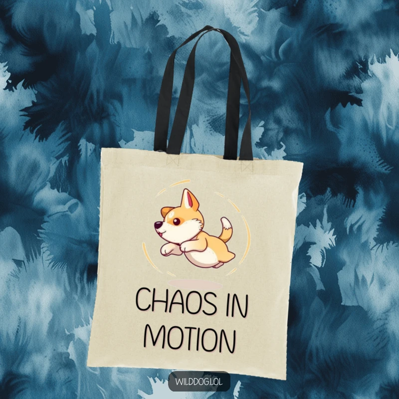 Funny tote bag featuring a wild dog spinning in dizzy circles, comically chasing its own tail with great determination.