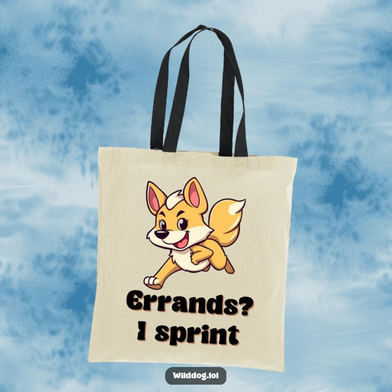 Funny tote bag featuring a wild dog character running with a determined and happy expression, ideal for carrying essentials with motivational flair.