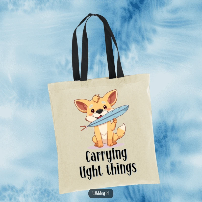 Funny tote bag illustration of a wild dog with a joyful expression, perfectly balancing a feather, embodying quiet contentment and humor.