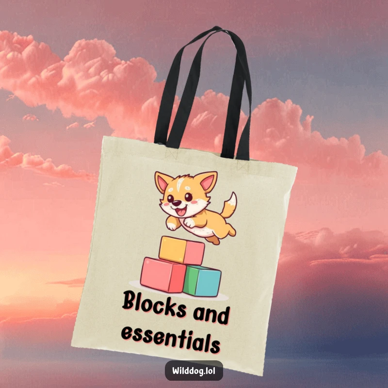 Funny tote bag illustration of a wild dog joyfully leaping over colorful blocks, showcasing a moment of pure, unadulterated fun and agility.