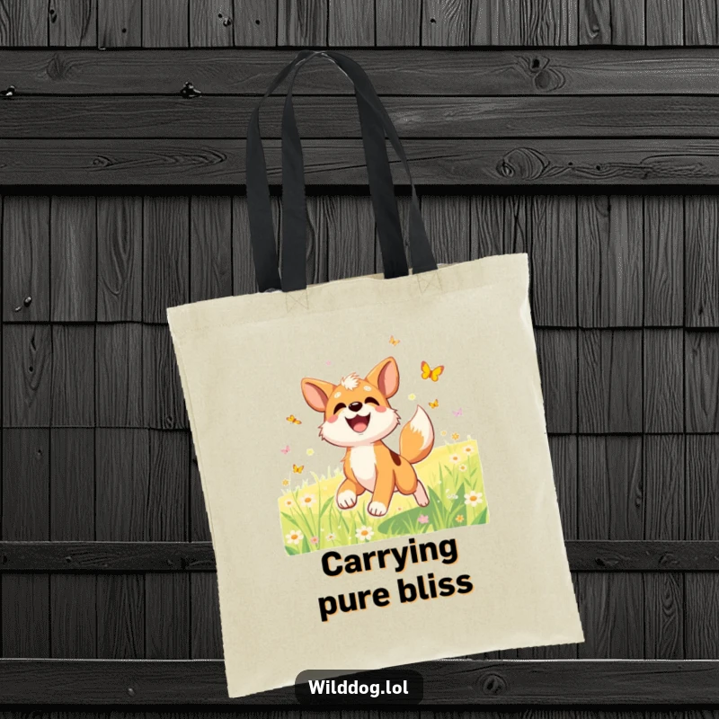 Funny tote bag featuring a joyful wild dog character with a wagging tail, chasing butterflies in a sunlit meadow.