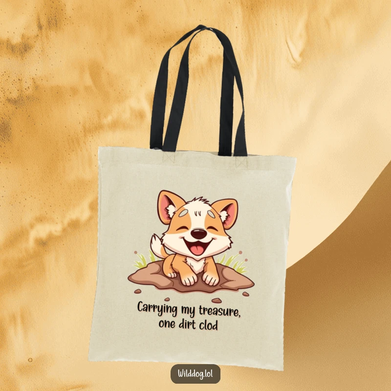 Funny Tote Bag: A wild dog enthusiastically digs a hole, its focus intense, embodying pure, unadulterated canine joy and humor.