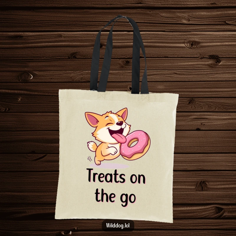 Funny tote bag with a joyful dog with its tongue out, hilariously chasing a rolling donut, ideal for humorous and practical carrying.