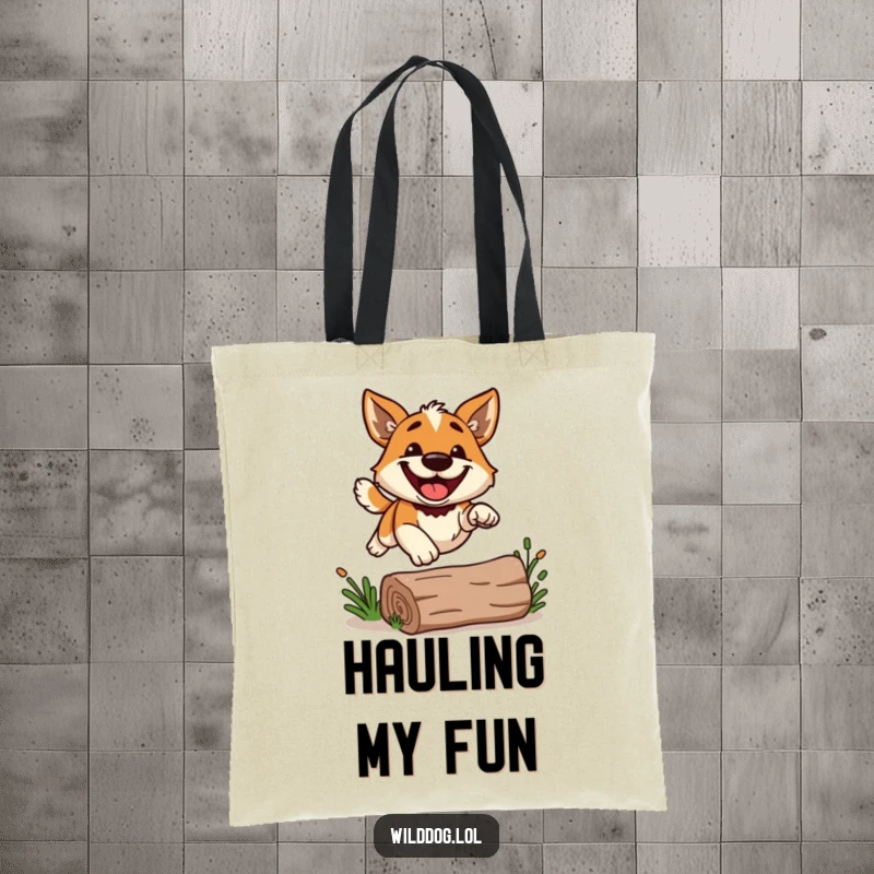 Funny wild dog with a big grin, leaping over a log, on a tote bag, for carrying essentials with cheer.