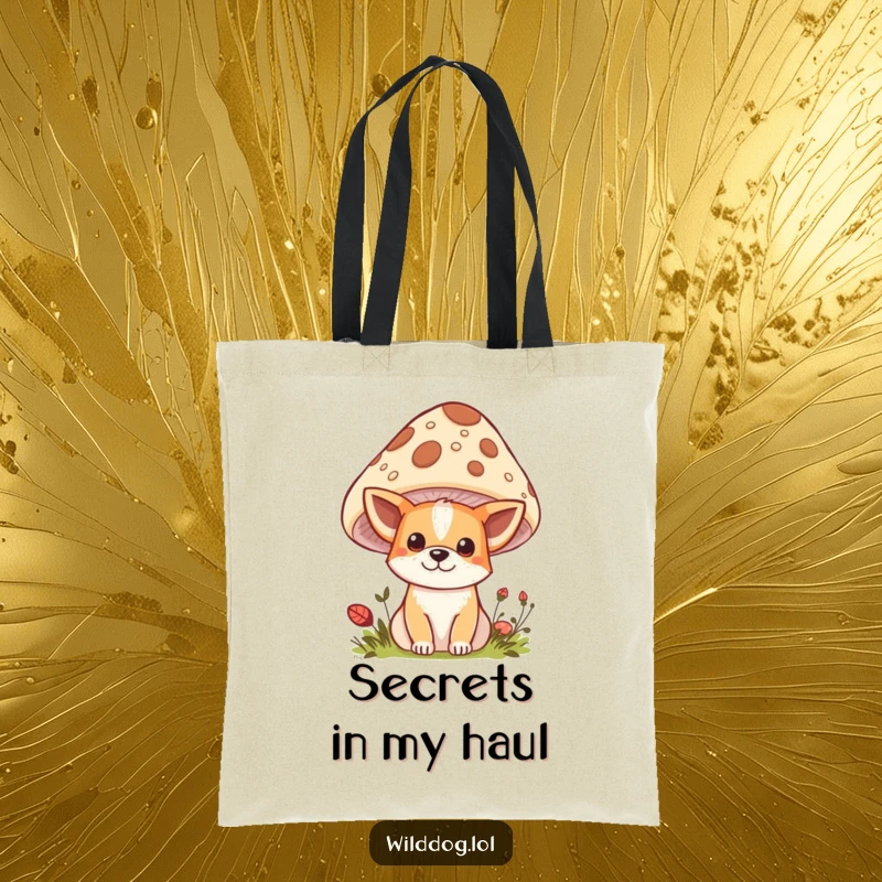 Funny Kawaii Wild Dog Tote Bag: Cute dog peeking from behind a mushroom, a functional and funny accessory for everyday use.