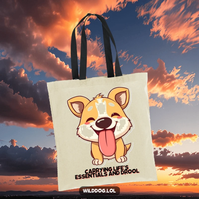 Funny tote bag featuring a panting wild dog character with a giant, happy tongue sticking out, ready for any adventure with a smile.