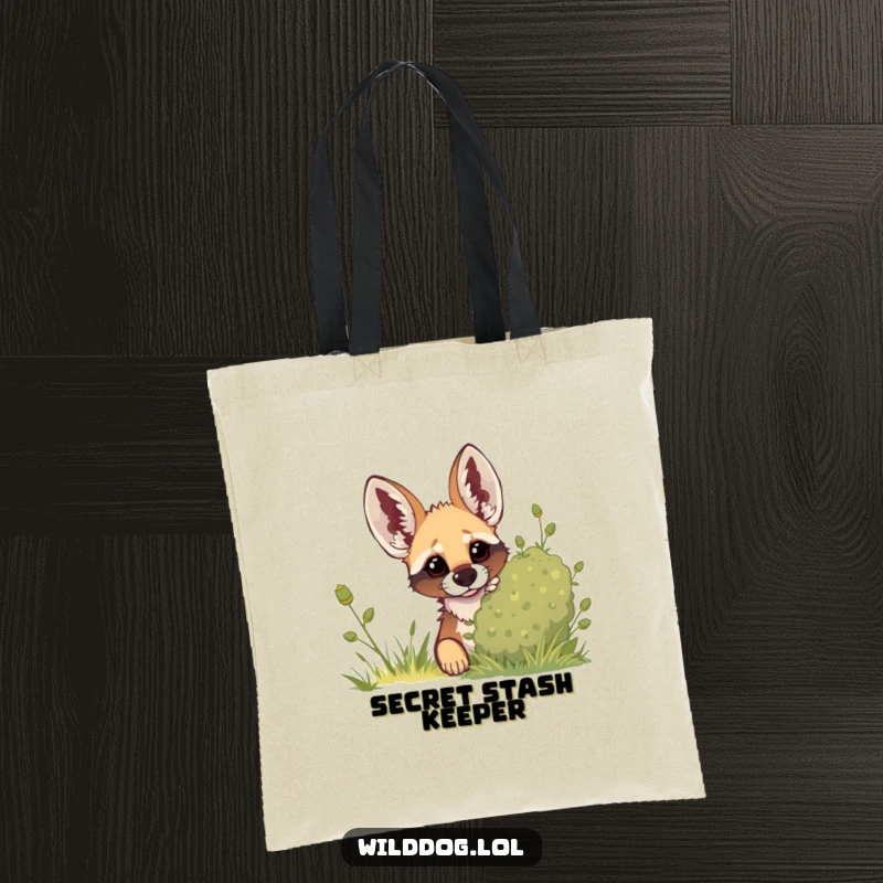 Funny tote bag with a wild dog peeking cautiously from behind a bush, its ears alert and attentive, ready to discover.