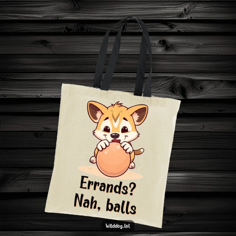 Funny tote bag featuring a wild dog puppy playfully pouncing with great enthusiasm onto a rolling ball.