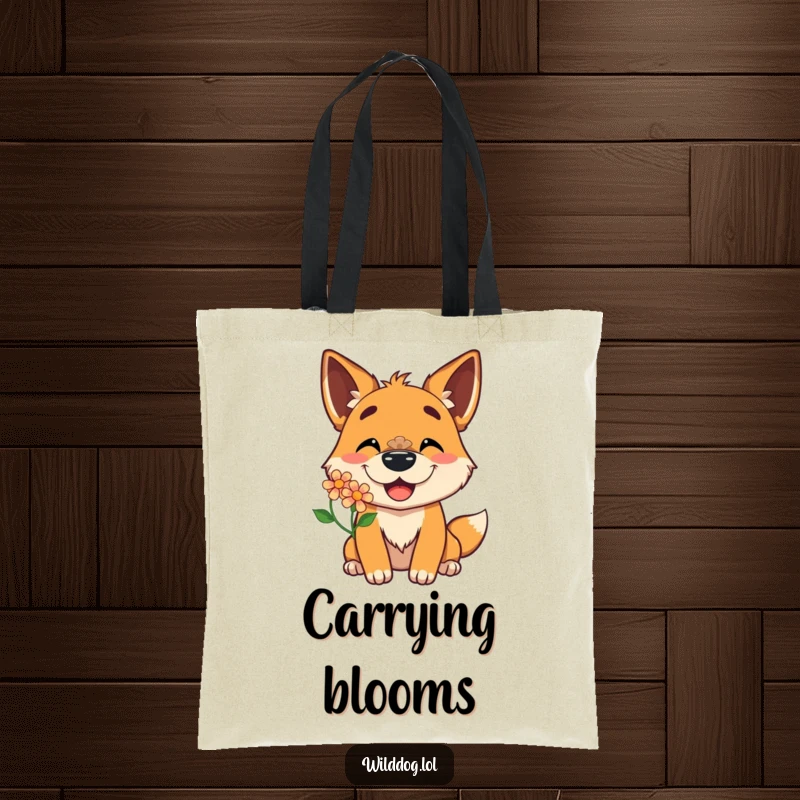 Funny tote bag featuring a wild dog character with a delighted grin balancing a flower on its nose, a symbol of joy and happiness.
