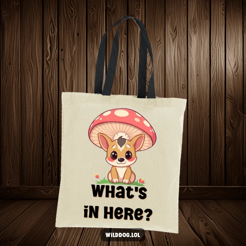 Funny tote bag with a curious wild dog peeking from behind a large, colorful mushroom, perfect for carrying essentials with a smile.