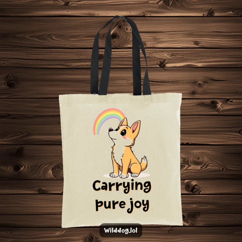 Funny wild dog looking at a rainbow, depicted on a tote bag for carrying essentials with humor. Funny gift tote.