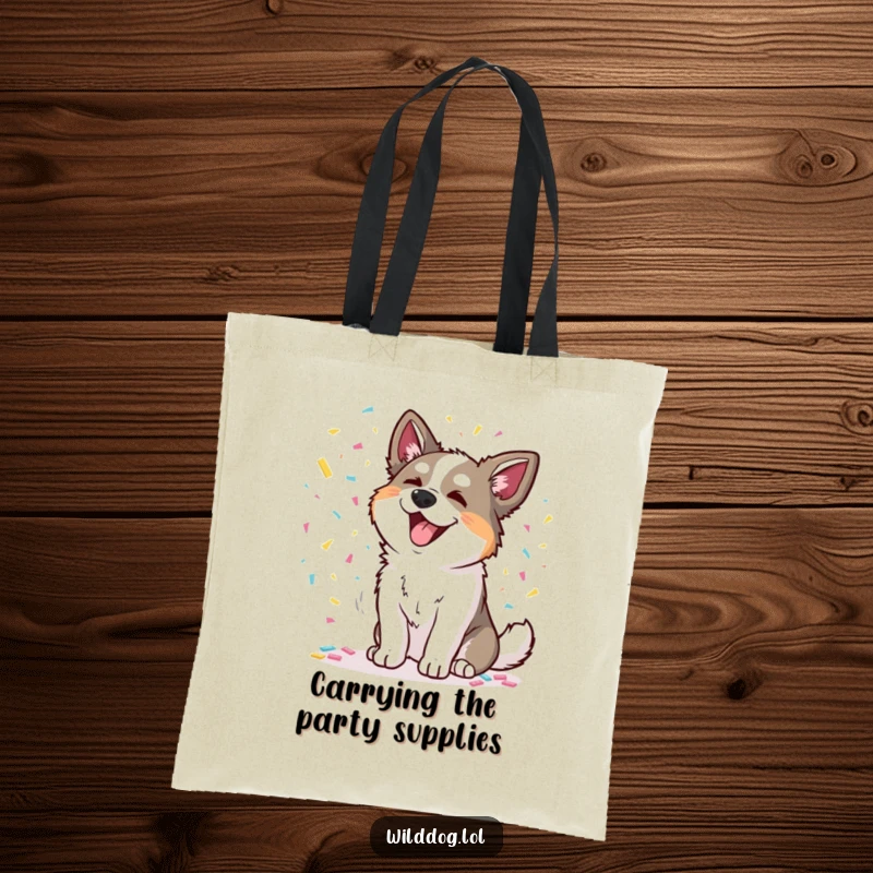 Funny tote bag depicting a wild dog joyfully scattering colorful confetti, a humorous and festive accessory.